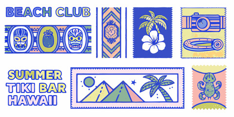 Tropical summer postcard stamps collection vibrant vector illustration © Dipa