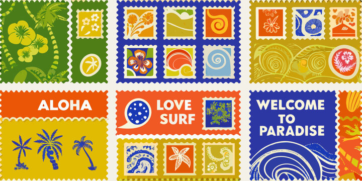 tropical postage stamps collage with floral and wave designs