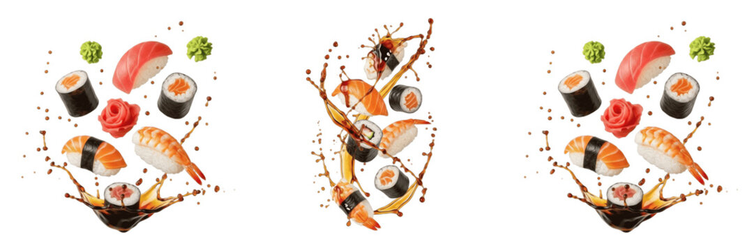 Fresh Flying Sushi Salmon and Shrimp Splash Transparent PNG - Japanese Food Dynamic Culinary Motion