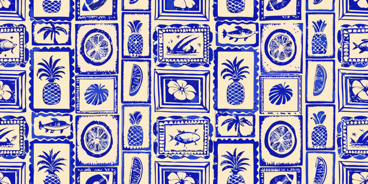 seamless tropical pattern with pineapples palm trees and flowers