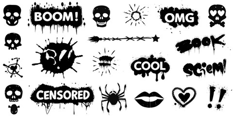 Graffiti stencils collection with skulls speech bubbles and punk symbols © Dipa