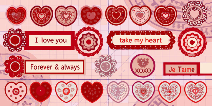 Romantic papercut heart stickers collection with love messages