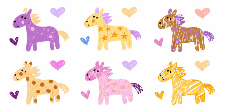 whimsical horses and hearts colorful vector illustration on white background