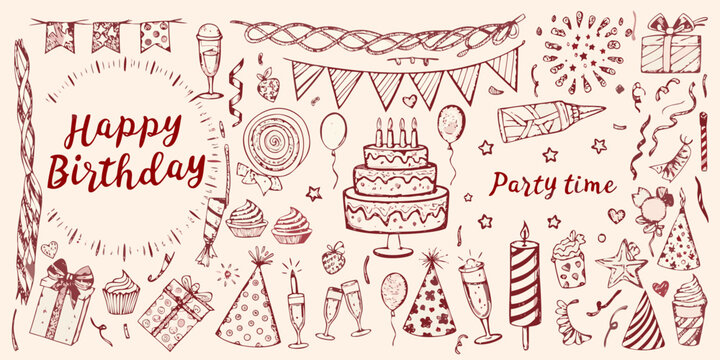 hand drawn birthday illustration with cake balloons and party elements