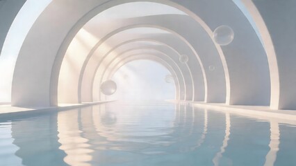 Fototapeta premium Modern white arched corridor with water