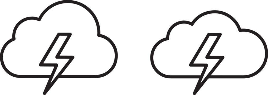 Two identical black outline of clouds with lightning bolts, minimalist weather symbols on a white background