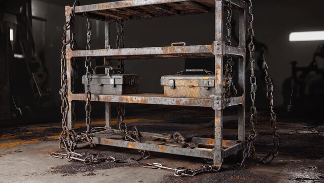Heavily rusted industrial metal shelving rack chained in a dimly lit abandoned warehouse setting, symbolizing decay and grunge.