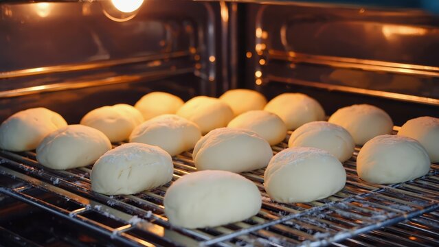Freshly proofed dinner rolls arranged on a metal cooling rack inside a warm, inviting oven, awaiting the start of baking.
