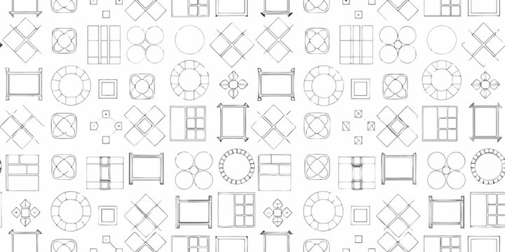Architectural floor plan symbols line drawing on white background