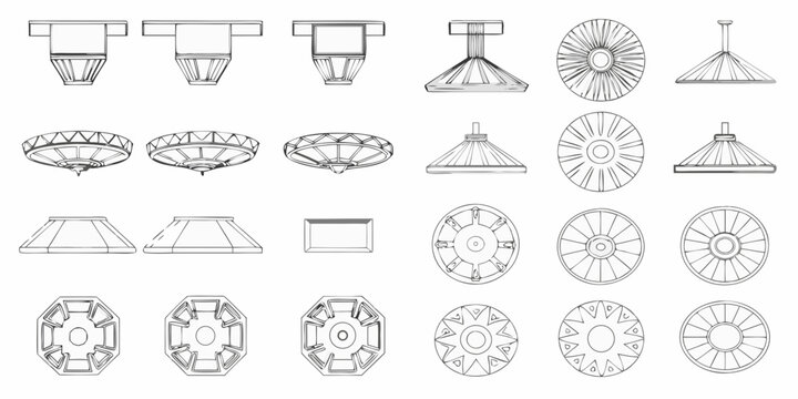 line drawing collection of various lamp shades on white background