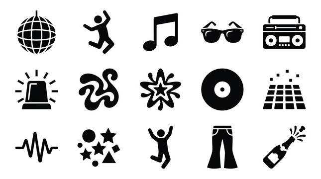 Collection of icons including a disco ball, dancing figures, musical notes, sunglasses, a boombox, a siren, abstract, a starburst, a CD, a dance floor, a sound wave, confetti, and a champagne bottle.