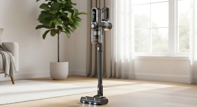 Modern living room with vacuum cleaner.
