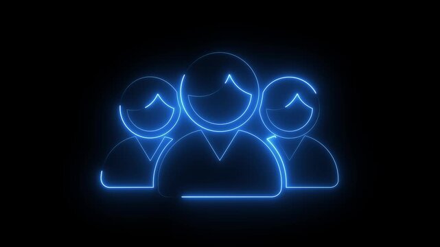 Neon group of people icon glowing blue, team community avatar symbol for collaboration and users.