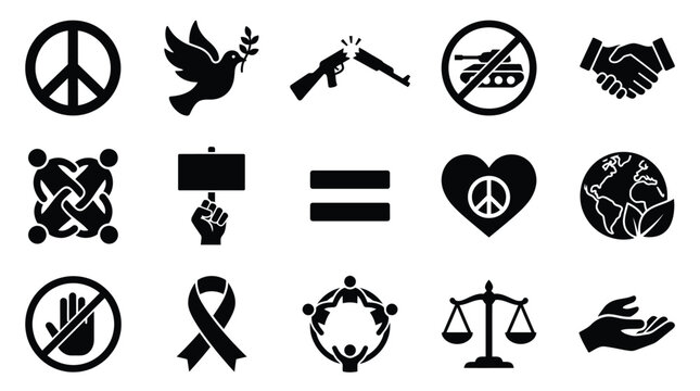 A collection of black and white icons representing peace, equality, human rights, and social justice, including symbols like the peace sign, dove, handshake, and scales of justice.