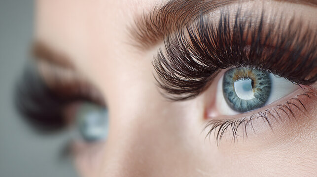 Macro shot of a woman's blue eye with dramatic long eyelashes close-up cosmetics