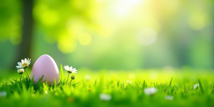 A pastel pink egg nestled in vibrant green grass, surrounded by delicate wildflowers, bathed in soft sunlight, a symbol of springtime renewal and new beginnings.