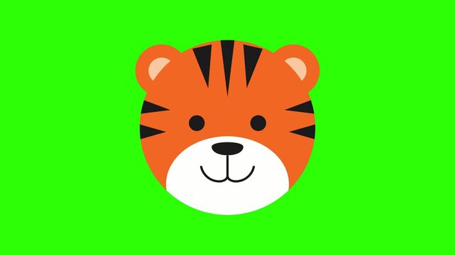 Cute Tiger Face Cartoon Illustration on Green Screen. 4K Video