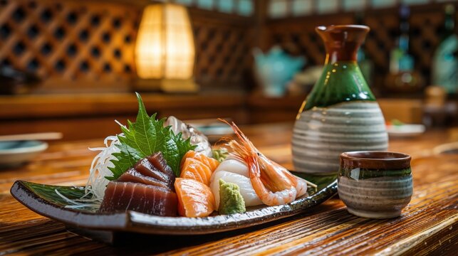 Japanese sashimi platter and sake on the wooden table in izakaya, japan