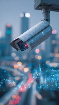 Cyber security camera with graphs, network mesh, laptop user, cyber defense theme.