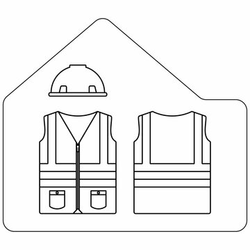 Professional Line Art Safety Gear Vector Set, Front Back High Visibility Vest and Helmet Outline Icon Collection, for creating technical manuals,  and worker identity graphics.