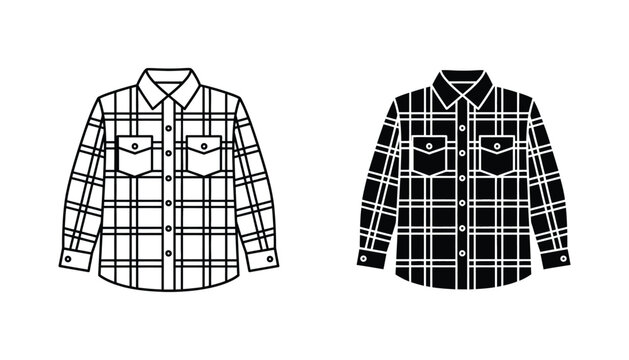 Plaid flannel shirt icon set with front pockets and buttons in outline and solid black silhouette for outdoor fashion and apparel branding