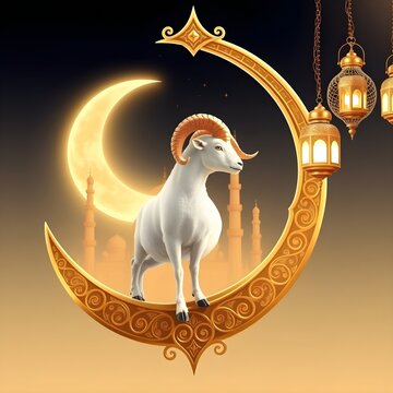 Eid aladha celebration background with a white ram standing on a golden crescent moon, mosque silhouette, and hanging lanterns in a night sky