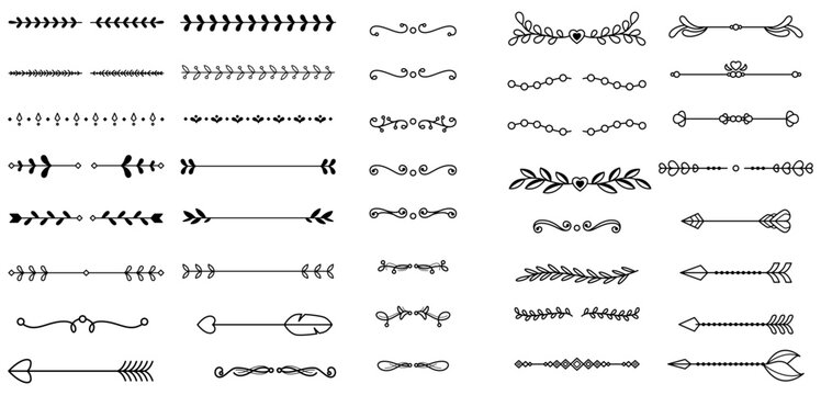 Divider ornament, borders, floral, vintage line separators. Hand drawn vector illustration isolated on white background. Set page dividers.