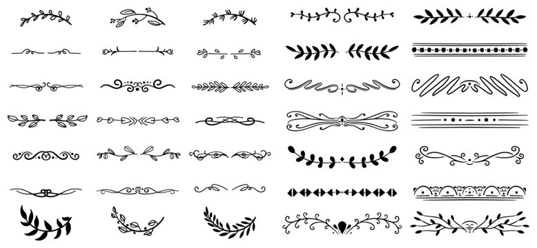 Divider ornament, borders, floral, vintage line separators. Hand drawn vector illustration isolated on white background. Set page dividers.
