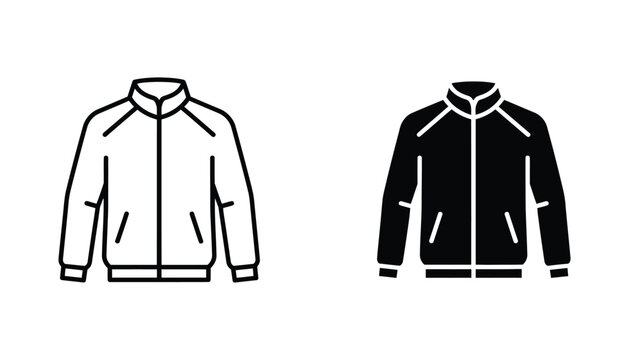 Minimalist athletic track jacket icon set presenting clean outline and bold solid glyph styles perfect for sportswear apparel and fashion designs