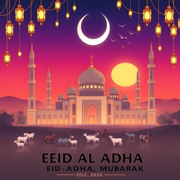 Eid aladha celebration background with mosque, crescent moon, lanterns, and goats at sunset