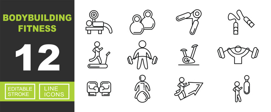 Bodybuilding Fitness line icon set. Vector pictograms of bench, kettlebells, gripper, rope, treadmill, deadlift, bike, barbell, gloves, exercise, success, punching. Editable stroke.