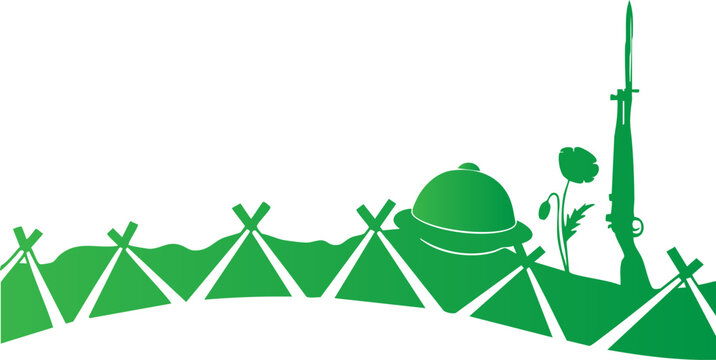 World war one scene with tents, rifle, poppy and pith helmet green silhouette.