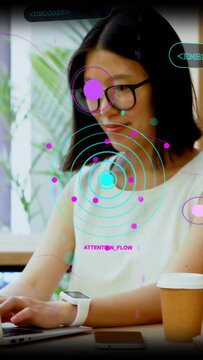 Vertical video: Woman typing at desk, activating HUD tracking forehead via cyan rings, nodes for AI