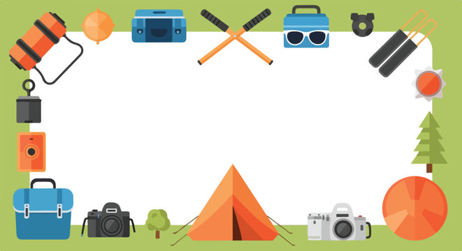 This image is a vector illustration of a frame featuring various camping and outdoor gear icons on a light green and white background.