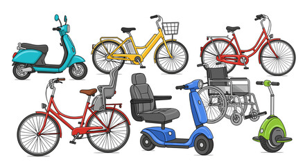 A collection of diverse personal transportation vehicles including scooters, bicycles, mobility aids, and electric unicycles on a white background. © Tukujajan