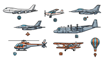 A collection of various aircraft types including passenger jets, fighter planes, cargo aircraft, helicopters, biplanes, and a hot air balloon. © Tukujajan