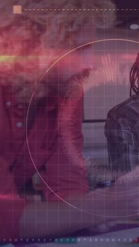 Vertical video: Left woman sitting, radial equalizer pulsing and revealing right man for tech focus