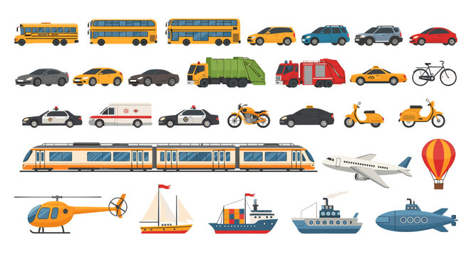 A comprehensive collection of diverse vehicles and modes of transportation, including cars, buses, trucks, emergency vehicles, bicycles, trains, aircraft, and watercraft.