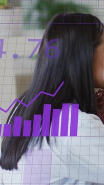 Vertical video: Woman sitting in home, percent updating, bars rising, charts covering hair for data