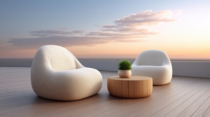 Obraz premium Cozy modern lounge chairs with a wooden table overlooking a serene sunset, perfect for relaxation and outdoor gatherings in minimalistic style