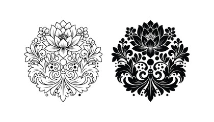 Decorative floral damask pattern ornament featuring lotus flower motif in both outline and solid black silhouette styles for luxury stationery and wallpaper design © TARU STOCKPLC
