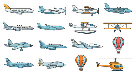 A collection of various aircraft types including airplanes, biplanes, seaplanes, hot air balloons, and a helicopter, illustrated in a cartoon style. © Tukujajan