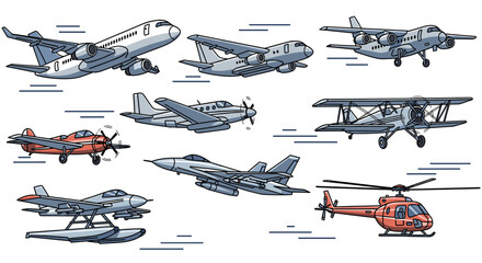 A diverse collection of aircraft, including jets, propeller planes, biplanes, seaplanes, and a helicopter, showcasing various designs and eras of aviation. © Tukujajan