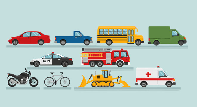 A diverse collection of vehicles including cars, trucks, a school bus, police car, fire engine, ambulance, motorcycle, bicycle, and bulldozer.