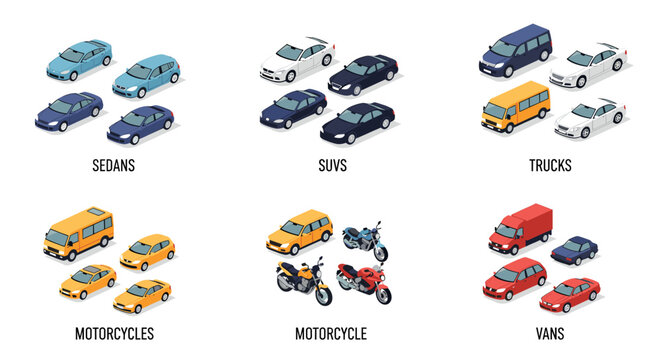 Isometric illustration set showcasing various types of vehicles including sedans, SUVs, trucks, motorcycles, buses, and vans.