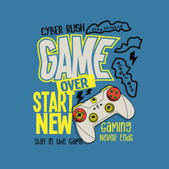 Game Over start new game pad vector illustration with slogan graphic tee © Saranya