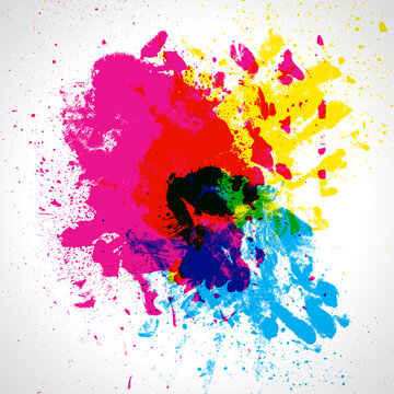 Vibrant colorful paint splashes on white background