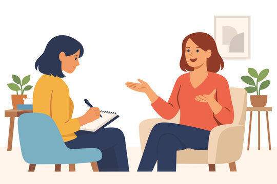 Flat vector illustration of a woman therapist taking notes during a counseling session with a female client talking and gesturing in a cozy office, mental health and psychology concept.