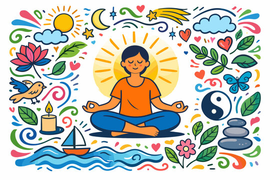 Hand drawn digital illustration of a person in a meditation pose surrounded by colorful doodle symbols of nature, peace, and mindfulness including sun, moon, lotus, yin yang, and zen stones.