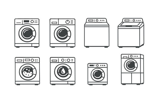 Set of eight minimalist washing machine icons in outline vector style, ideal for laundry service branding, home appliance store web design, household maintenance infographics, and UI/UX projects.